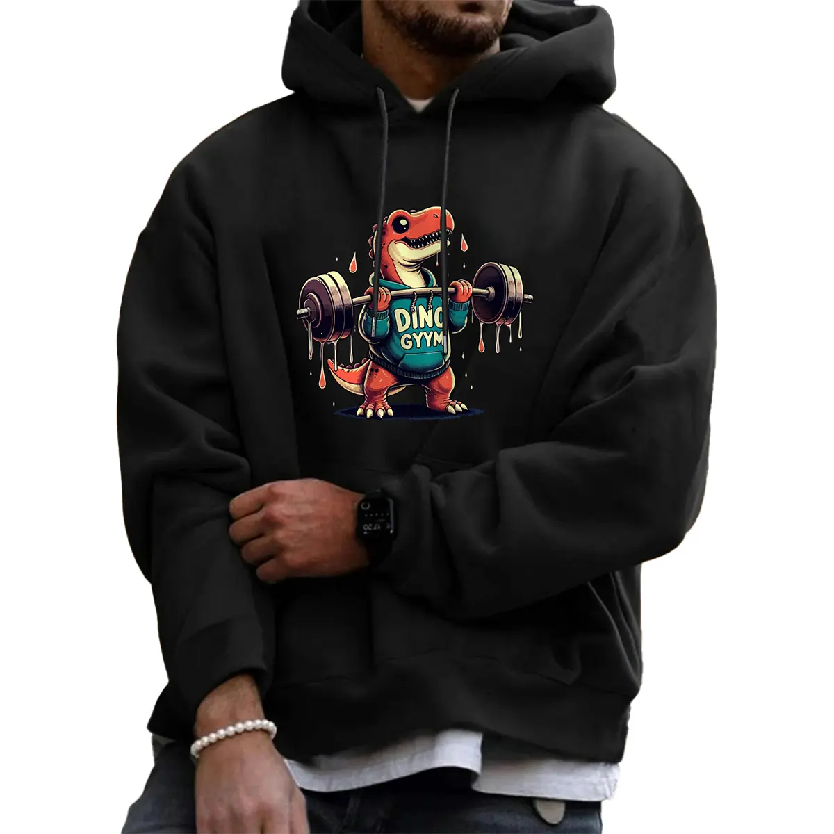 Men's Fitted Polyester Hoodie - Hooded Neck, Long Sleeve Pullover, Drawstring, Cute Dinosaur Weightlifting Basic Print, Casual OOTD, Spring & Autumn Everyday Wear, Machine Wash Cold Top