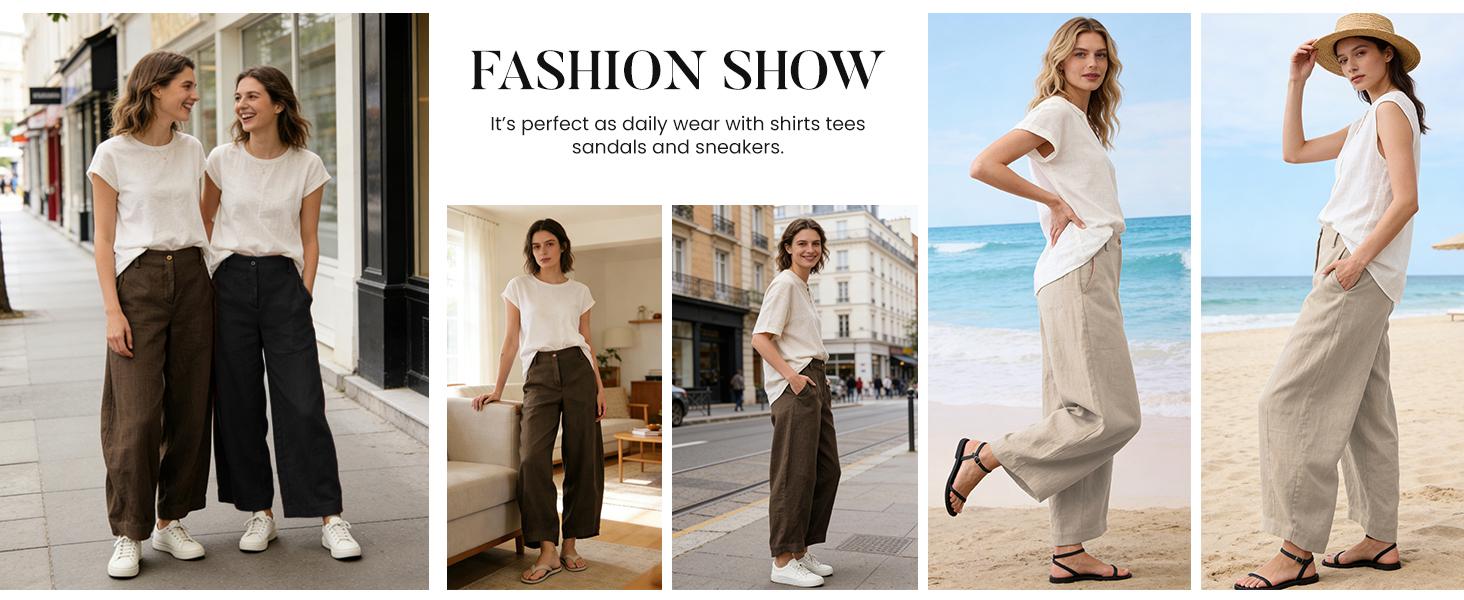 Tanming Women's Casual Baggy Linen Blend Pants, High Waisted Pull On Wide Leg Style with Pockets for Summer, Bottom, Cotton, Zip