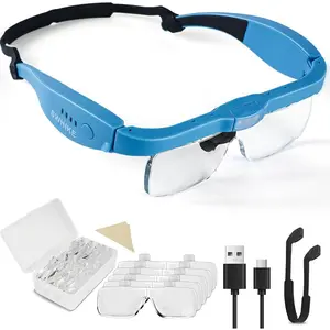 Magnifying Glass with Light Hands Free Rechargeable Magnifier Headset with 5 Detachable Lenses for Close Work Reading Jewelry Making Crafts Blue