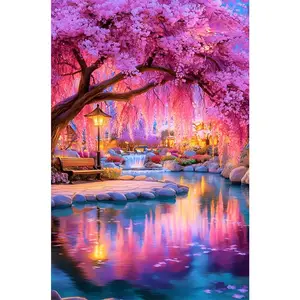 1PCS Cherry Blossom Garden Diamond Painting Kits for Adults DIY with LED Light and Bench Scenery Full D