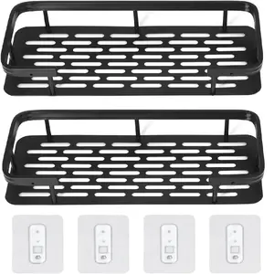 No-Drill Shower Shelf Rack, Self-Adhesive Black Aluminum Bathroom Shower Caddy Wall Mounted Organizer