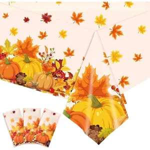 3 count Thanksgiving Tablecloth Table Decor, Fall Tablecloth Party Decorations, Plastic Autumn Pumpkins Maple Leaves Harvest Table Cover, 54" x 108"