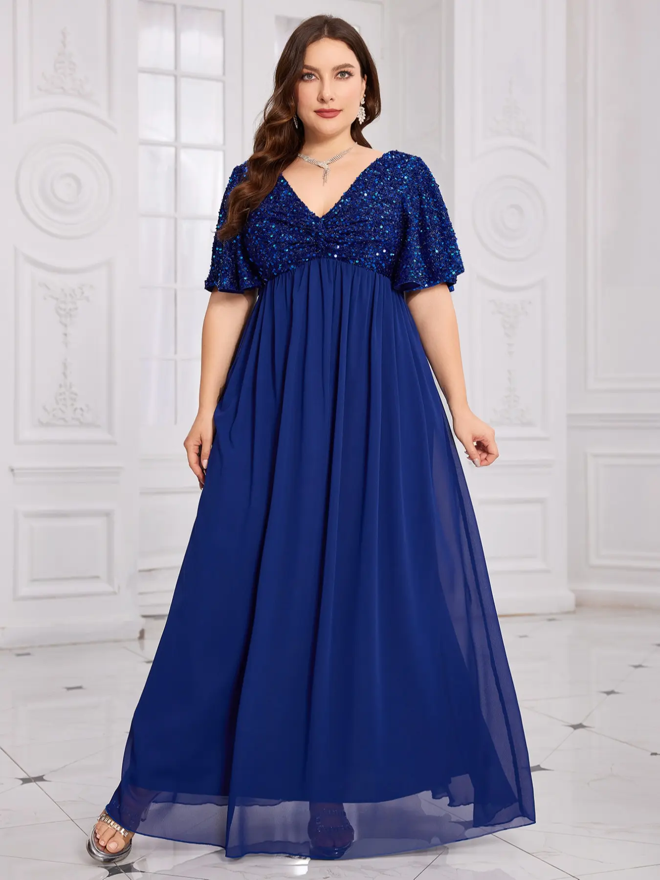 Elegant Chic V Neck Flare Sleeve Sequin Patchwork Solid Color Lightweight Chiffon Fitted Ruched A-Line Maxi Evening Party Dress, Elegant Party Apparel, Women's Formal Gown, Womenswear Garment