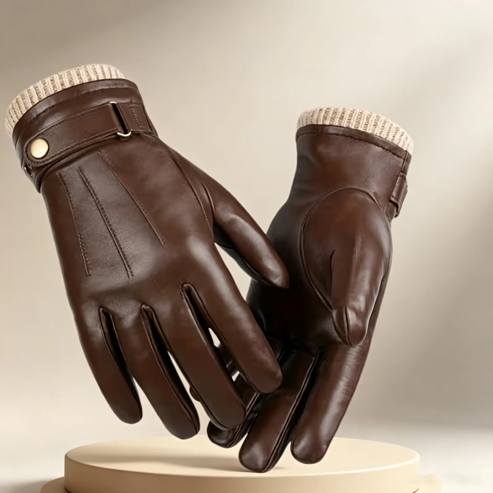 Men's Winter Warm Touch Gloves - Soft lambskin full-finger design with adjustable wrist strap, suitable for skiing, cycling, and driving. Stylish leather gloves | Durable design - a fashionable gift for dads or husbands.