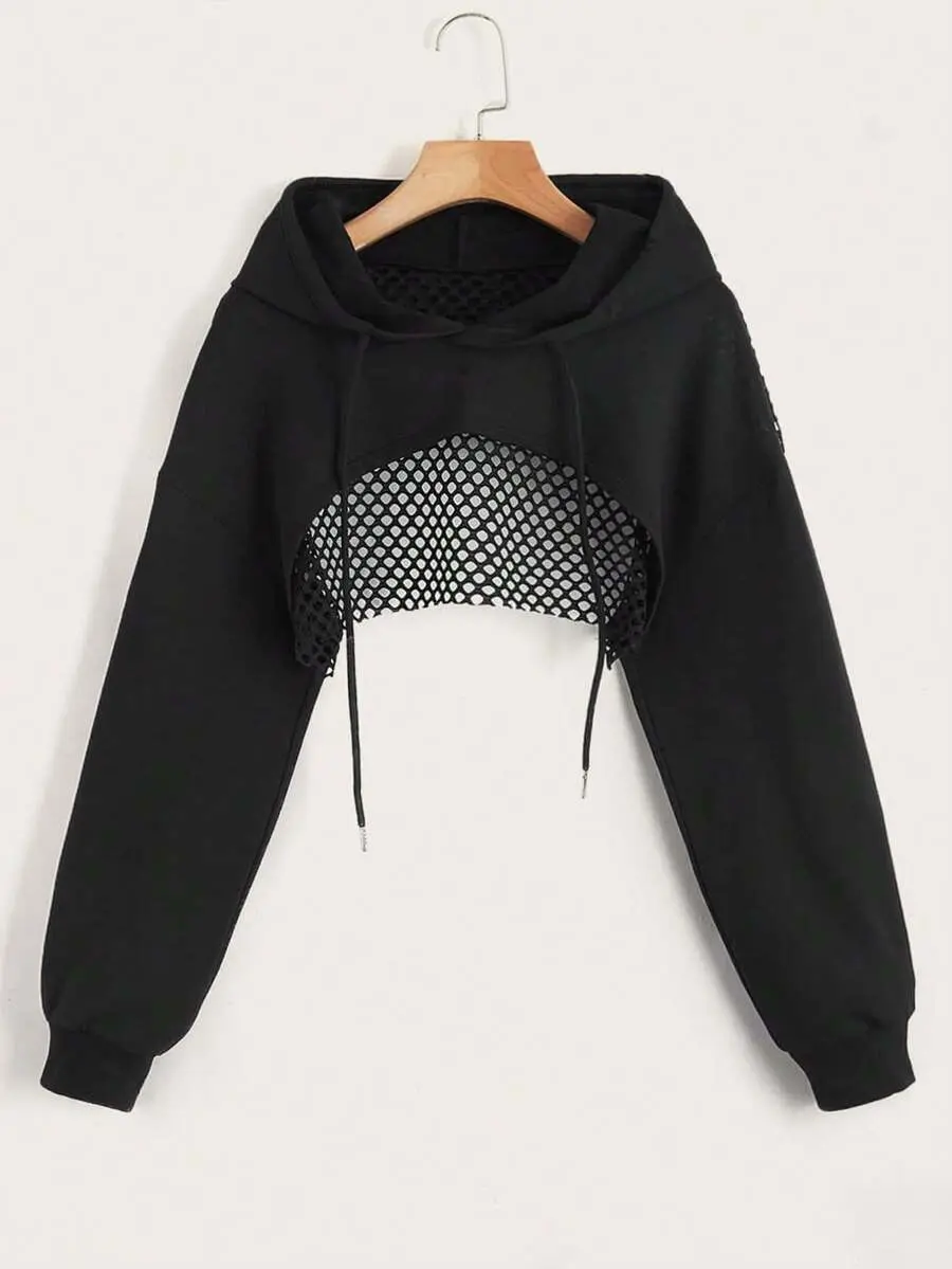 Women's Sports Hoodie Mesh Patchwork Cropped Pullover Long Sleeve for Gym to Beach Days