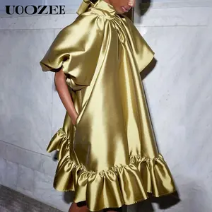 Loose Puff Sleeves Falbala Solid Color High Neck Mini Dresses Short Dresses Summer Casual Womenswear Comfort