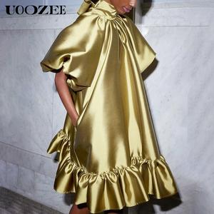 UOOZEE Women's Minimalist High Neck Short-Sleeve Mini Dress - Gold Solid, Loose Fit Puff Sleeves, Ruffle Detail, Comfortable Casual Summer Lady Wear, Curvy Clothing Plus Size Option
