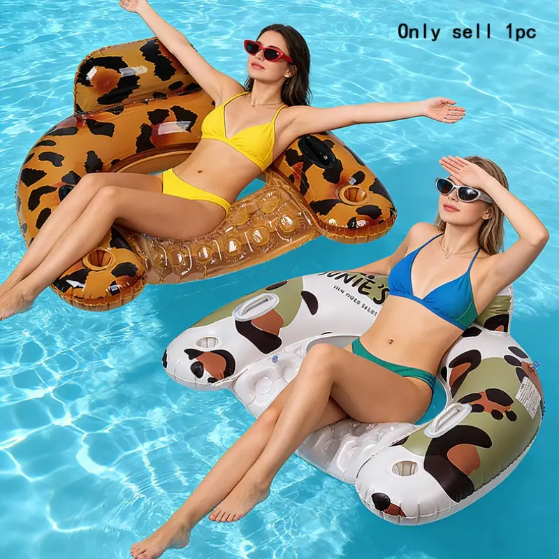 1pc Leopard Print Inflatable Backrest Float, Summer Outdoor Pool Water Adult Foldable Lounger Hammock, Handrail Included, Pool Floaties, Swimming Float