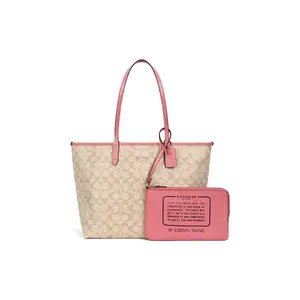 COACH Reversible City Tote Bag for Women – Canvas and Leather, Khaki and Pink