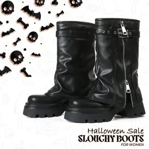 Women’s mid-calf platform boots with a fold-over top, round toe, chunky heels, side zipper, and buckle—punk metallic gothic fashion riding combat motorcycle shoes for fall