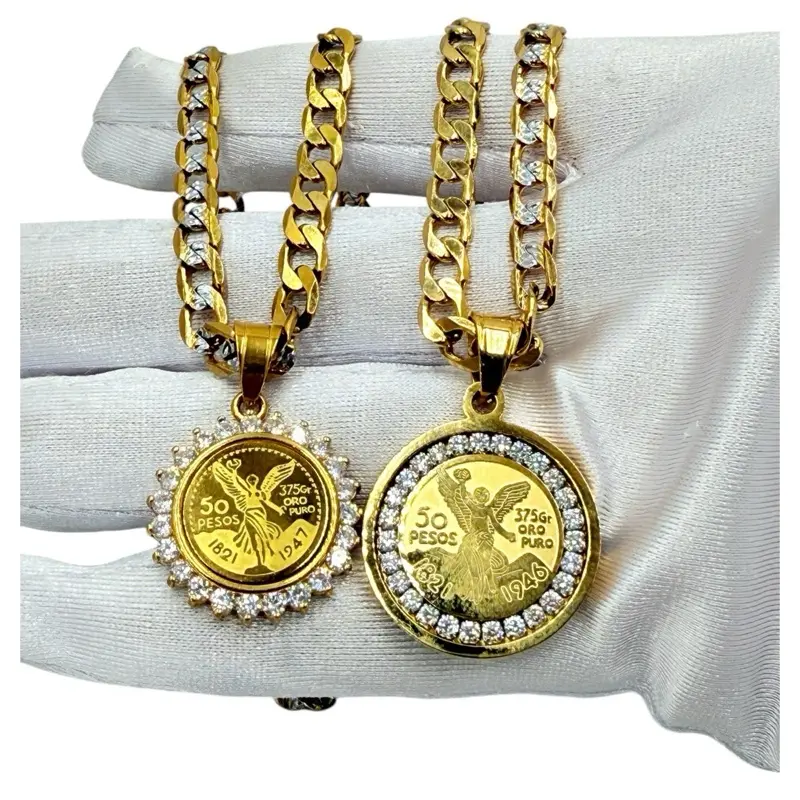 Mexican 50 Peso Coin Mini Pendant Necklace - 1.5 Inch Gold-Plated Stainless Steel with Imitation Diamond, 14k Gold Plating, 24-Inch Chain