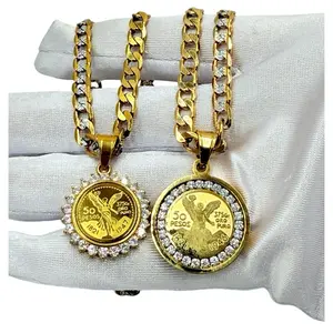 Mexican 50 Peso Coin Mini Pendant Necklace - 1.5 Inch Gold-Plated Stainless Steel with Imitation Diamond, 14k Gold Plating, 24-Inch Chain