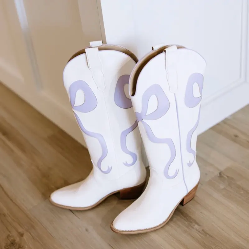 Bow Cowgirl Boots - White Leather with Purple Bow Design for Women's Western Style
