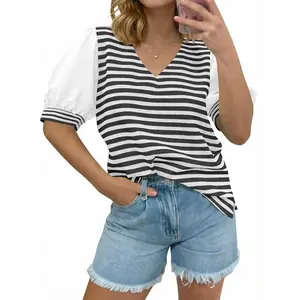 Imily Bela Womens Puff Sleeve Striped Tshirts Summer Oversized Color Block V Neck Tops Trendy Casual Basic Tee Shirts