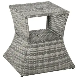 Outsunny Outdoor Side Table with Umbrella Hole, 2 Tier Rattan Wicker End Table with Storage Shelf, All Weather for Outdoor, Patio, Garden, Backyard, Mixed Gray