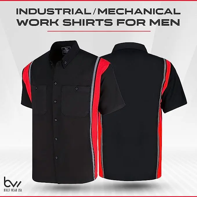 Biker Wear USA Men's Heavy Duty Mechanical Industrial Work Shirt - Short-Sleeve Button-Down, Reflective Safety Lining, Breathable Cotton, Black with Different Side Colors, Casual Workwear & Uniforms
