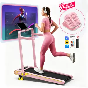Pink compact home treadmill – foldable portable walking board, with 16° incline, handrails, and movable wheels, comes with a stretching board