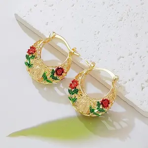 14K Gold Plated Our Lady of Guadalupe Hoop Earrings, Enamel Red Rose Virgin Mary Catholic Earrings, Religious Protection Jewelry for Women Girls
