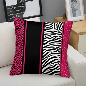 Hot Girl Color Block Decorative Throw Pillow with Insert, 45cm Square Zipper Closure, Hot Pink Leopard Print & Black-White Zebra Print Patchwork Design, Soft Comfort Fabric, Sofa Bed Accent Cushion, Retro Y2K Home Decor, Gift Choice