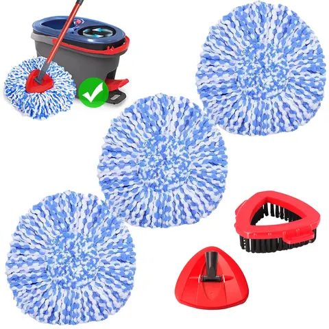Spin Mop Heads Replacement Kit for O-Cedar RinseClean 2-Tank System - 5-Piece Set with 3 Microfiber Refills, 1 Hidden Brush, 1 Blue Base, Water Absorbent, Machine Washable, Compatible with Wet & Dry Mops (Microfiber Cleaning Towels Included)