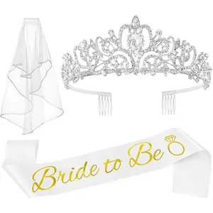 3 Pcs Bridal Shower Crown Tiaras, Bridal Accessory, Bride To Be Sash&Veil, party Photobooth Props Bride Sash for Women Bachelorette Party Gifts Decorations Supplies, Bridal Shower, Wedding Engagement Party Favors Gift Accessories