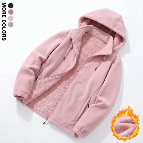 Women’s autumn/winter fleece-lined hooded jacket with a sherpa lining and full zipper closure; available in multiple colors—a casual fleece top suitable for daily commuting, outdoor hiking, keeping warm at home, and going out shopping.
