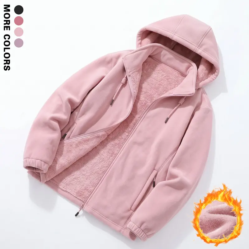 Women’s autumn/winter fleece-lined hooded jacket with a sherpa lining and full zipper closure; available in multiple colors—a casual fleece top suitable for daily commuting, outdoor hiking, keeping warm at home, and going out shopping.