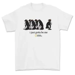 "I Just Gotta Be Me" National Geographic Penguin Graphic T-Shirt, a men's T-shirt and a tropical-style streetwear item.