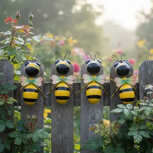 Metal Bee Garden Decor Set of 4 - Cute Climbing Bumble Bee Yard Art, Hanging Wall Ornaments for Outdoor Patio Fence, Best Garden Decor