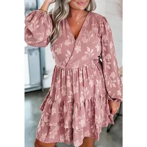Peach Blossom Floral Surplice V Neck Tiered Ruffled Plus Size Dress