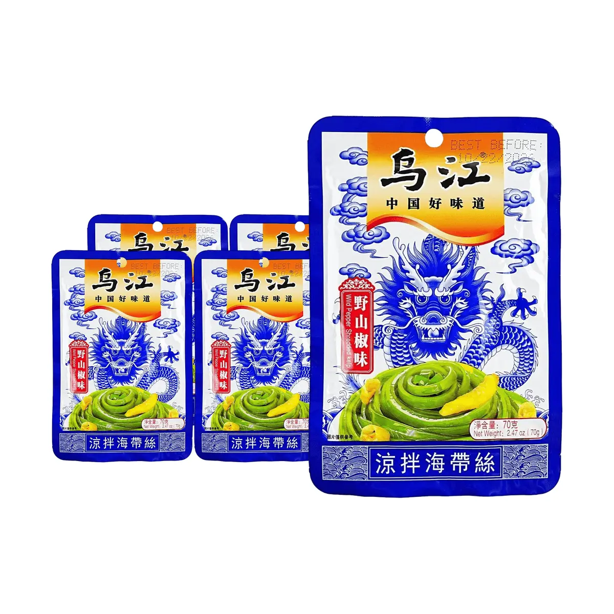 WUJIANG Spicy Pickled Kelp Shreds - Wild Chili Flavor, 5-Pack Value Bundle (70g x 5), Ready-to-Eat Appetizer, Perfect Side Dish for Rice