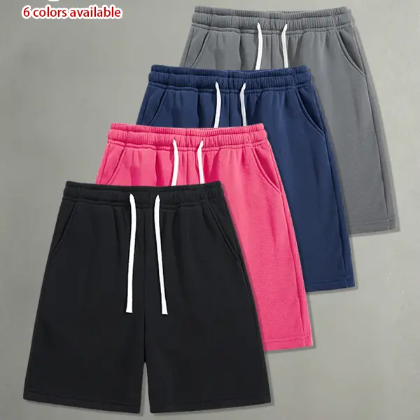 Pack of 4 men’s summer casual shorts featuring a drawstring elastic waistband, skin-friendly and breathable fabric, and a loose fit for everyday wear, leisure activities, sports, and fitness.summervibes