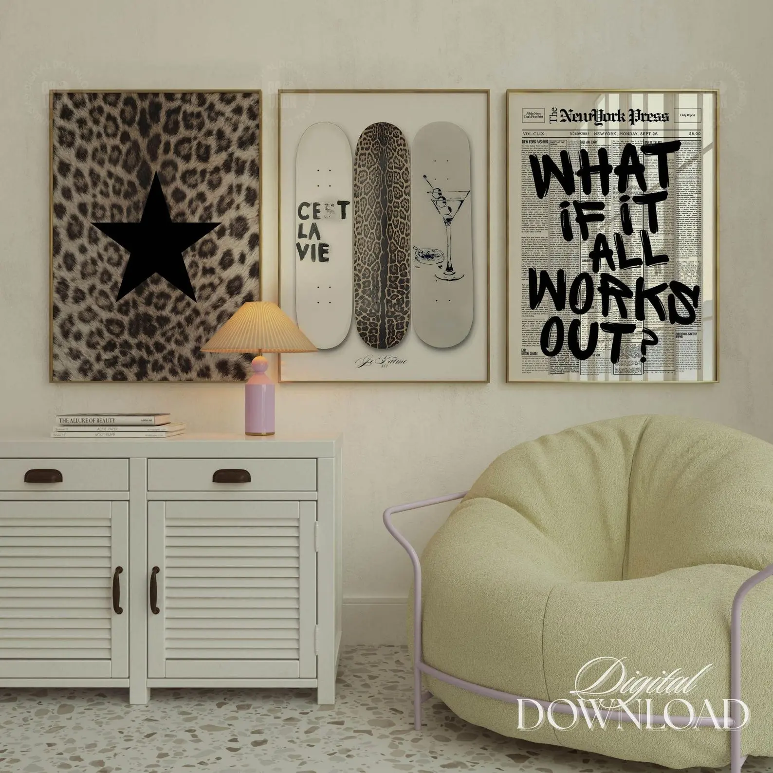 Trendy Leopard PRINTABLE Gallery Wall Art Set, Aesthetic Y2k Skateboard Poster, What If It All Works Out Newspaper Print (Digital Download)