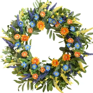 24 Inches Semmer Wreaths for Front Door Blue Spring Door Wreath Summer Floral Wreath with Wildflower Daisy for Wall Porch Indoors Outdoor Window Home  Decorations