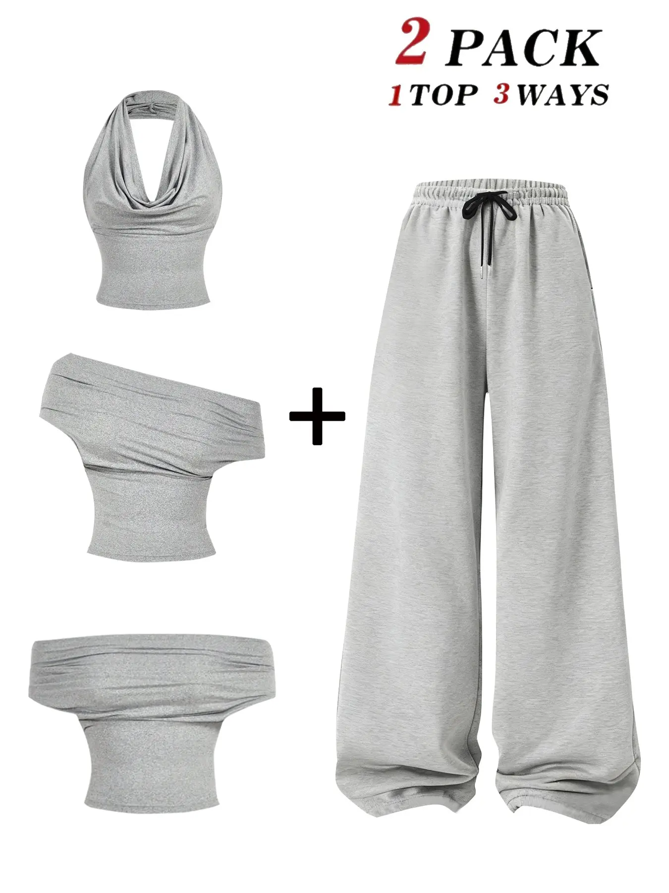 Trendy Summer Womenswear 2-Piece Set, Fit, Three-Wear Top Options, Halter Neck, Shoulderless, Vacation Wear, Drawstring Straight Leg Pants