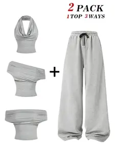 Trendy Summer 2-Piece Set, Womenswear, Three-Wear Top Options, Halter Neck, Shoulderless, Vacation Wear, Drawstring Adjustable Straight Leg Pants