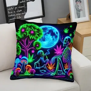 Psychedelic Fluorescent Skull Alien Themed Printed Throw Pillow,  Soft and Comfortable Square Cushion, Suitable for Decorating Living Rooms, Bedrooms, Sofas, Chairs, Beds, Cars, and for Travel.  Includes Pillow Insert.