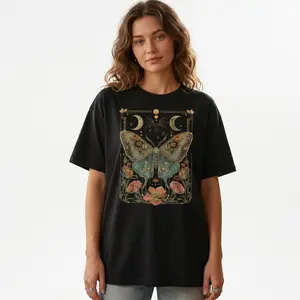 Women's Whimsigoth Moth Print T-Shirt, 100% Cotton Cottagecore Floral Moon Graphic Tee, Boho Casual Short Sleeve Crew Neck Top for Spring & Summer