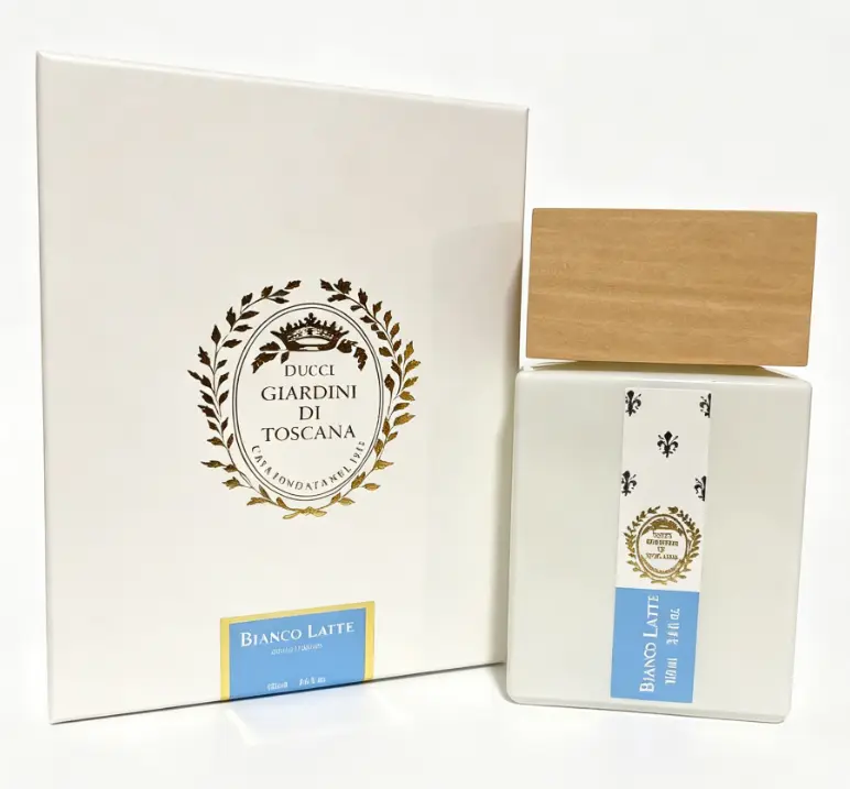 Giardini Di Toscana Bianco Latte Unisex Eau De Parfum Soft Creamy Milk Caramel Honey White Musk Gourmand Scent Matte White Ceramic Bottle Vintage Gold Crest Luxury Gift Box Long Lasting Cozy Fragrance