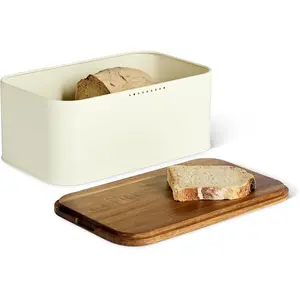 Carbon Steel Bread Box with Acacia Wood Lid, Lid Doubles as Cutting Board, 11.9 x 7.1 x 5.2 in