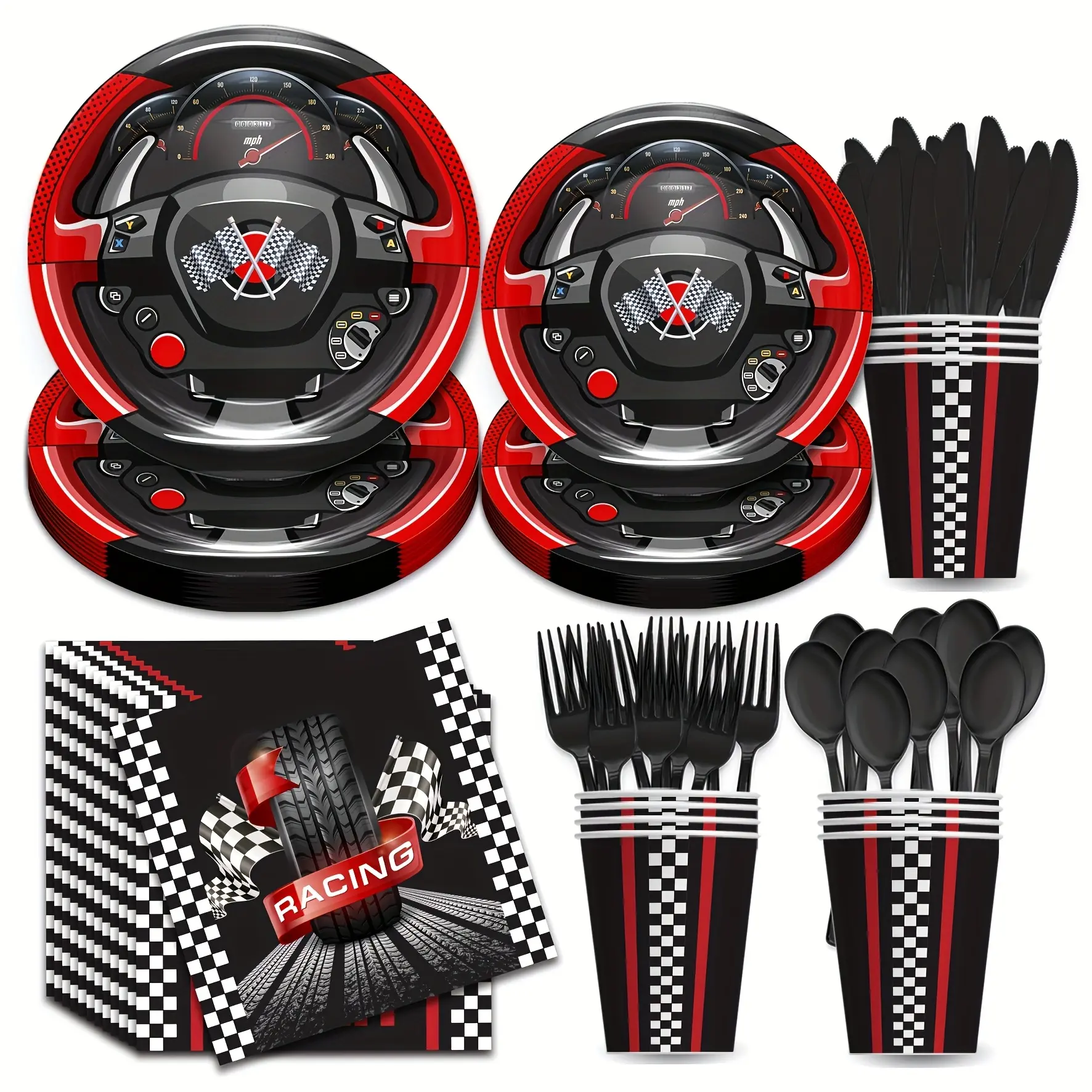 168pcs Race Car Disposable Party Supplies Kit - Disposable Dinner Plates (9in/7in), Cups, Forks, Spoons, Knives, Napkins - Boys Birthday Decorations - Serves 24 Guests, 9/7In Plates