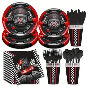 168pcs Racing Party Supplies Kit - Disposable Themed Tableware Set for Boys Birthday(9/7 Inch Plates, Cups, Forks, Spoons，Knives，Napkins)- Race Car Party Decorations - Serves 24 Guests