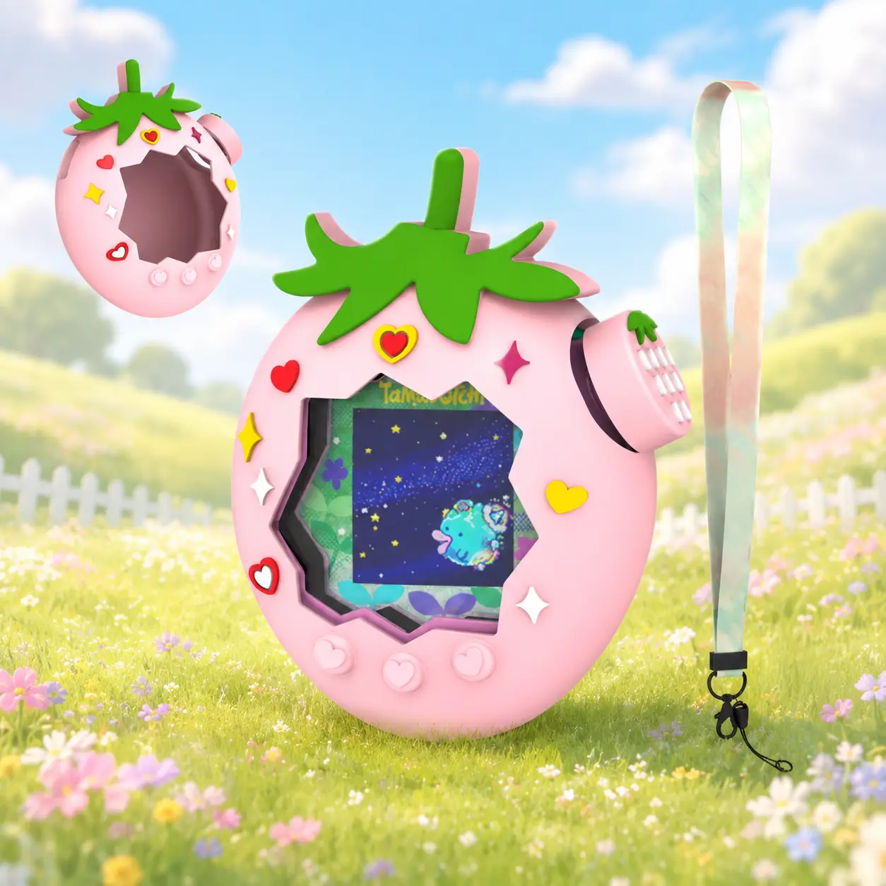 OAJ for Tamagotchi Paradise Case, Cute Strawberry Silicone Cover with Strawberry Dial Cap & Colorful Lanyard, Protective Accessory with Protection for Tamagotchi Electronic Pet, Sturdy Construction, Gift for Collectors and Everyday Use