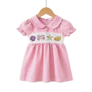 Girl's Check Dress with Sea Creature Embroidery and Pleats, Short-Sleeve Check Dress, Cute Summer Princess Dress