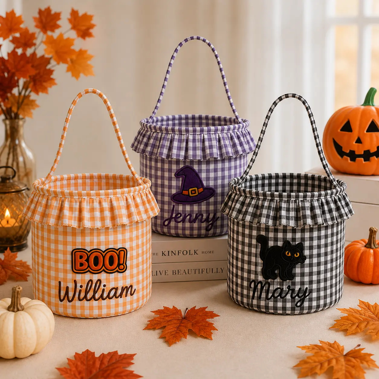 Personalized Halloween Basket, Custom Name Trick or Treat Bag, Gingham Candy Bucket for Kids, Halloween Boo Basket, Ghost Pumpkin Treat Bag