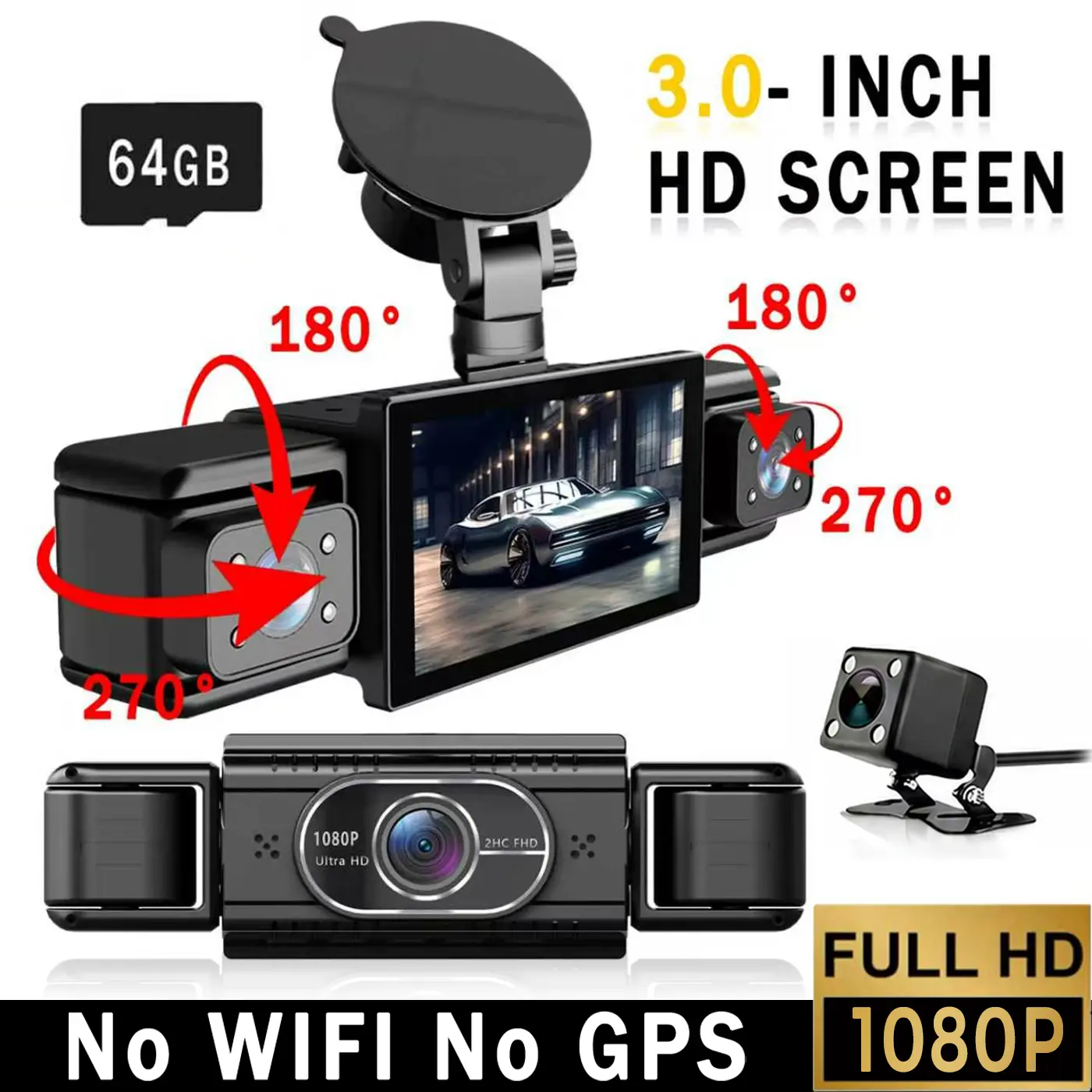 BCUOZ 4-Channel 1080p Front+720Rear+LR View Driving Recorder with Free 64GB SD Card, 3 Inch IPS Screen, 360° Car Coverage, Night Vision, G-Sensor Impact, No WiFi/No GPS