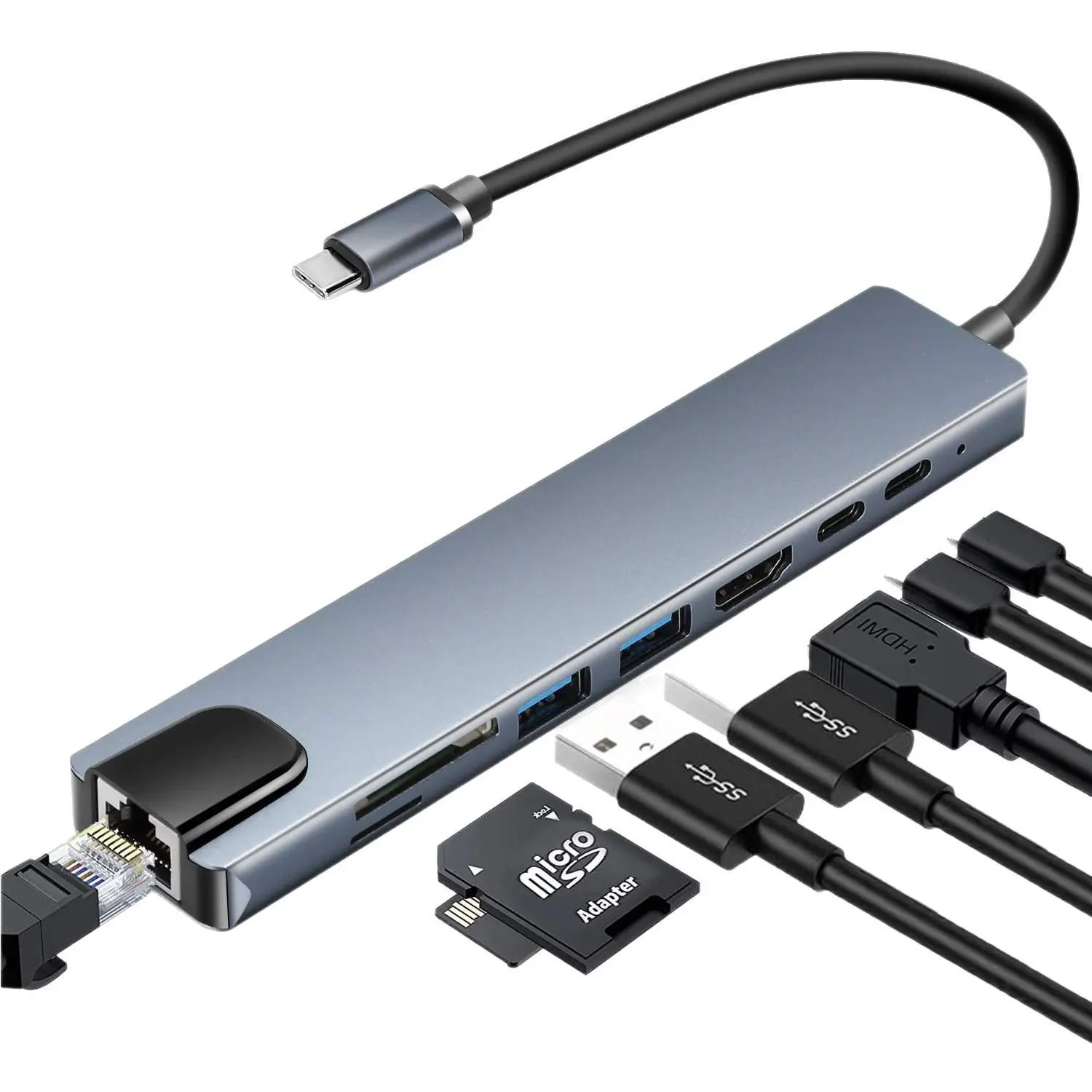 USB C Hub 8 In 1 Type C 3.1 To 4K HDTV Adapter with RJ45 100Mbps SD/TF Card Reader PD Fast Charge for MacBook Notebook Laptop