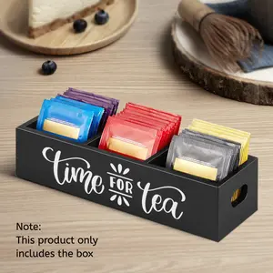 1pc wooden tea bag storage box with 3 compartments time for tea Multi purpose, not waterproof, rectangular storage box desktop coffee bag, sugar bag and tea bag holder, no power supply required, for organizing storage Durable Storage Organizer
