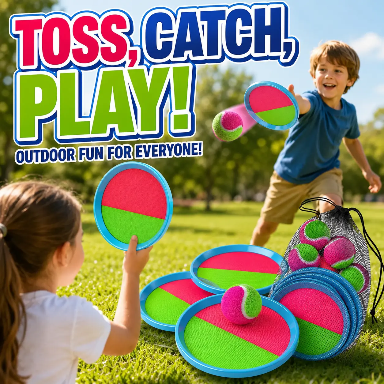 Outdoor Toss Catch Game Set for Kids & Family, Fun Backyard Beach Games, Summer Outdoor Activity Toy, Toss and Catch Ball Game for Boys Girls, Screen Free Sports Toy, Parent Child Interactive Game, Birthday Gift, Camping Travel Toy for Kids Ages 4-12