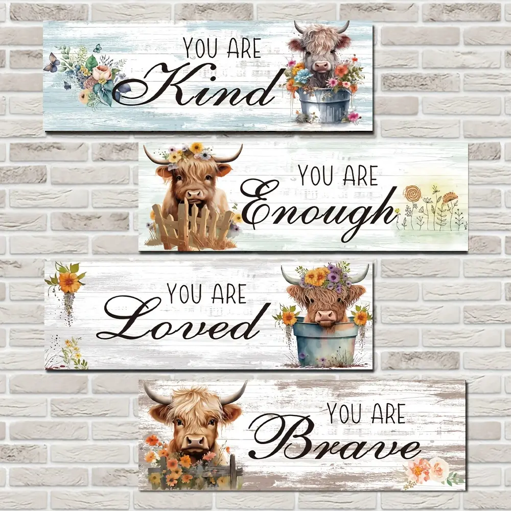 4pcs Wooden Highland Cow Wall Decor Set - Inspirational Farmhouse Artistic Wall Art for Living Room, Bedroom, and Bathroom - Positive Quote for Easy Display Decorative Wall Art